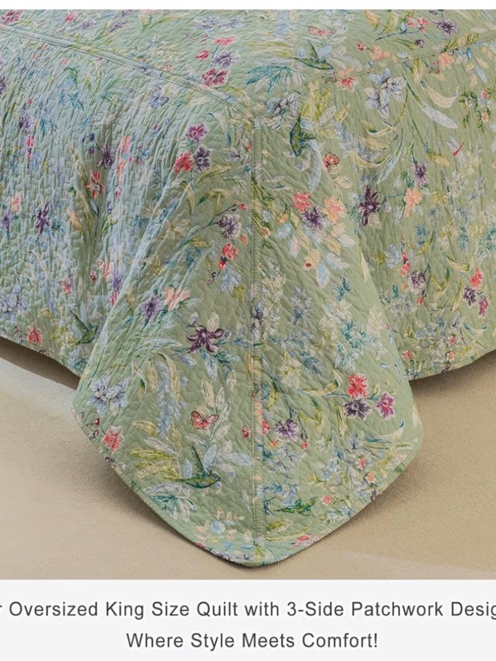 Floral Quilted Bedspread Set in Sage Green by QSH - Picture 4 of 6